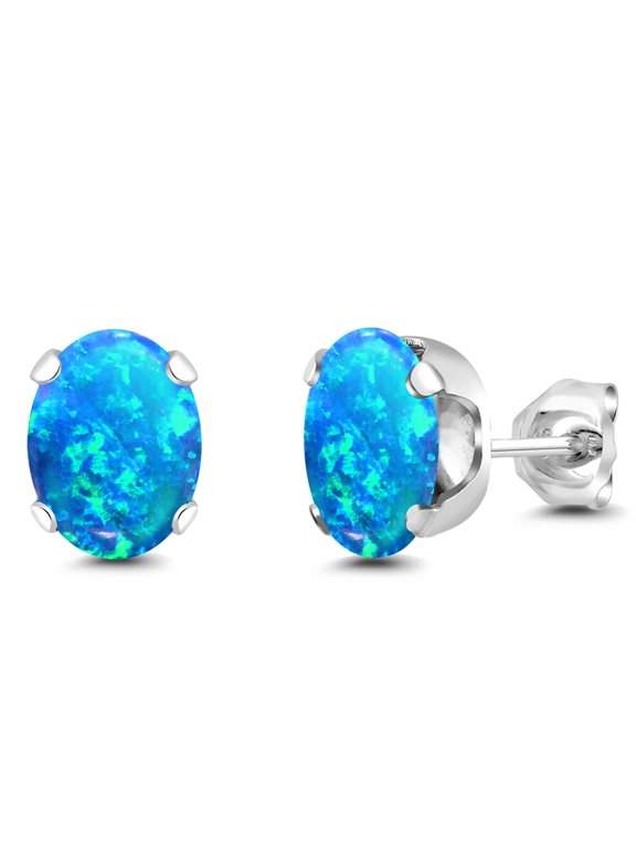 925 Sterling Silver Simulated Blue Opal Stud Earrings for Women Men | 2.12 Cttw | Gemstone October Birthstone | Oval Cabochon 8X6MM