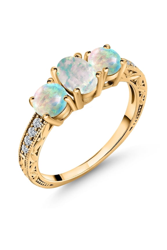 2.12 Ct Oval Cabochon White Simulated Opal 18K Yellow Gold Plated Silver Ring (Size 7)
