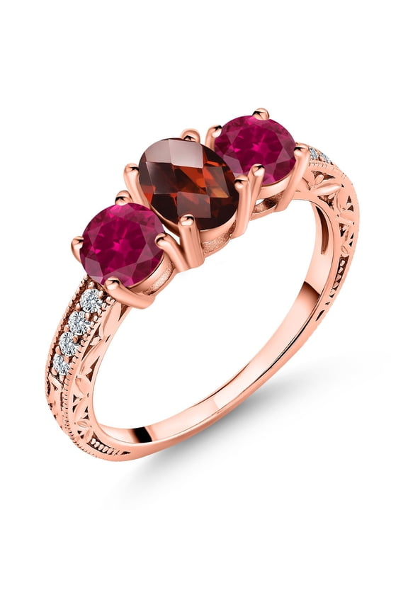 2.12 Ct Oval Checkerboard Red Garnet Red Created Ruby 18K Rose Gold Plated Silver Ring