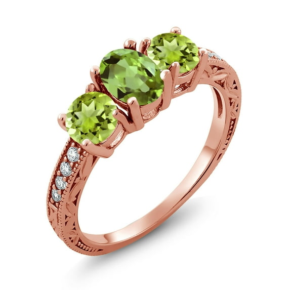 Gem Stone King 2.12 Ct Oval Green Peridot 18K Rose Gold Plated Silver Moissanite Ring (Size 7)