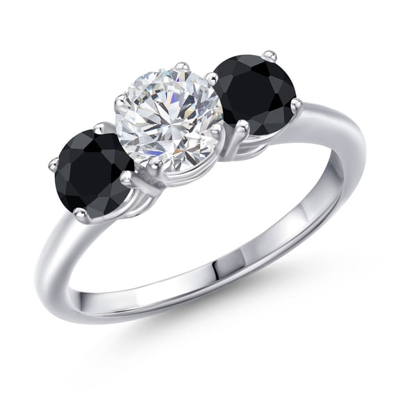 Gem Stone King 925 Sterling Silver Lab Grown Diamond and Black Sapphire 3-Stone Engagement Ring for Women | 2.12 Cttw | Round 6MM | Gemstone Birthstone | Wedding Anniversary Promise Ring | Size 7