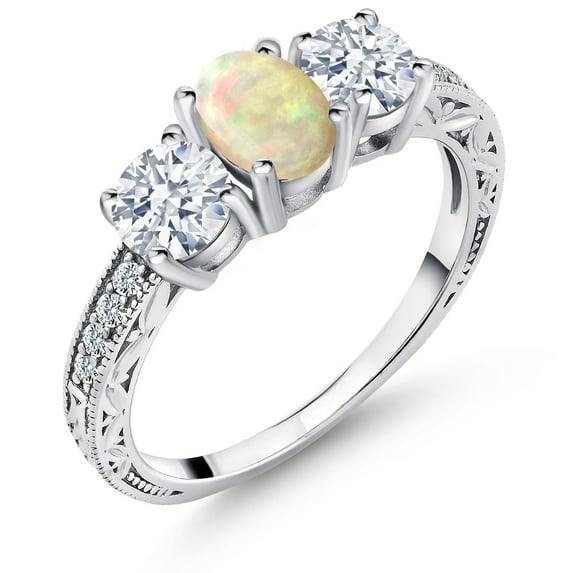Gem Stone King 2.13 Ct Oval Cabochon White Ethiopian Opal 925 Sterling Silver Ring
