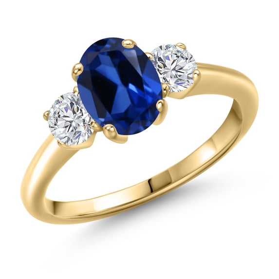 Gem Stone King 2.14 Ct Blue Created Sapphire G/H Lab Grown Diamond 18K Yellow Gold Plated Silver Ring