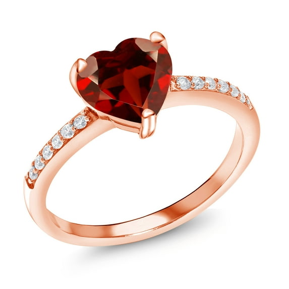 Gem Stone King 2.14 Ct Heart Shape Red Garnet 18K Rose Gold Plated Silver Ring
