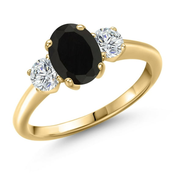 Gem Stone King 2.14 Ct Oval Black Onyx G/H Lab Grown Diamond 18K Yellow Gold Plated Silver Ring