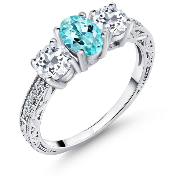 Gem Stone King 2.14 Ct Oval Blue Apatite White Topaz 925 Sterling Silver Ring (Size 7)