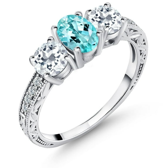 Gem Stone King 2.14 Ct Oval Blue Apatite White Topaz 925 Sterling Silver Ring (Size 6)