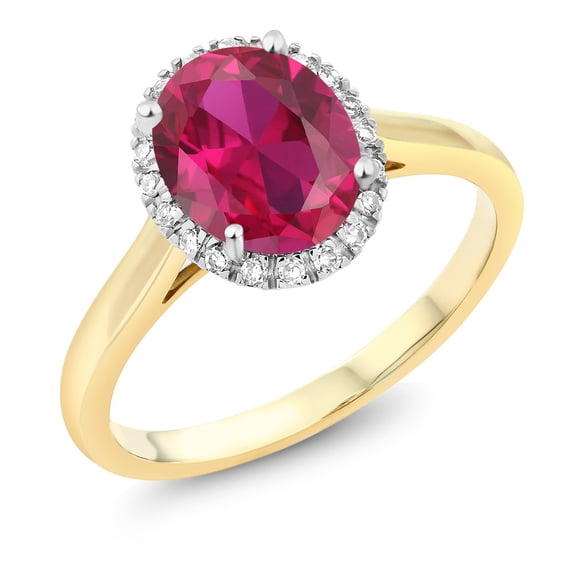 Gem Stone King 10K Two-Tone Gold Oval Red Created Ruby and Diamond Halo Engagement Ring 2.00 Ct (Size 9.5)