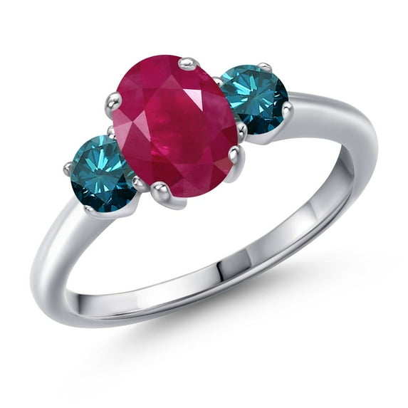 Gem Stone King 2.14 Ct Oval Red Ruby Blue Diamond 925 Sterling Silver Ring