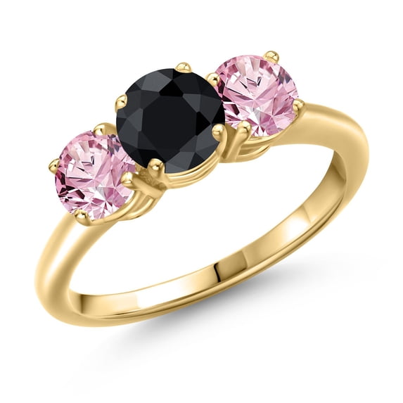 Gem Stone King 18K Yellow Gold Plated Silver Black Sapphire and Pink Lab Grown Diamond Engagement Ring for Women | 2.15 Cttw | Round 6MM | Gemstone September Birthstone | Size 7