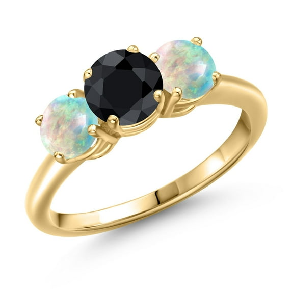 Gem Stone King 18K Yellow Gold Plated Silver Black Sapphire and Simulated White Opal Engagement Ring for Women | 2.15 Cttw | Round 6MM | Gemstone September Birthstone | Size 5