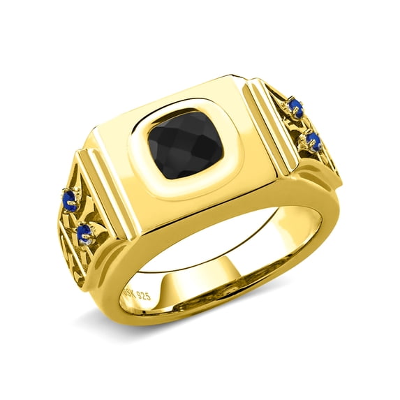Gem Stone King 2.15 Ct Cushion Checkerboard Black Onyx Blue Created Sapphire 18K Yellow Gold Plated Silver Men's Ring (Size 10)