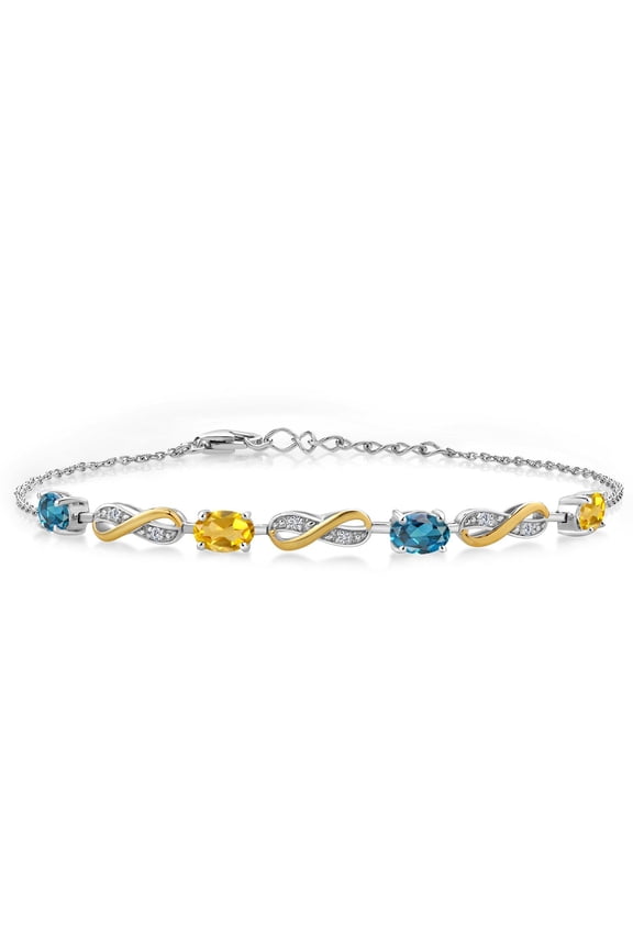 2.15 Ct London Blue Topaz Yellow Citrine 925 Silver and 10K Yellow Gold Lab Grown Diamond Infinity Bracelet for Women Mother's Mom Wife Her, Fully Adjustable up to 7.5 inch)