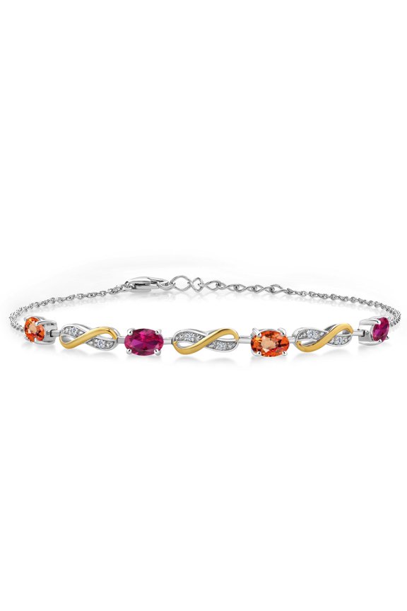 2.15 Ct Orange Sapphire Red Created Ruby 925 Silver and 10K Yellow Gold Lab Grown Diamond Infinity Bracelet for Women Mother's Mom Wife Her, Fully Adjustable up to 7.5 inch)