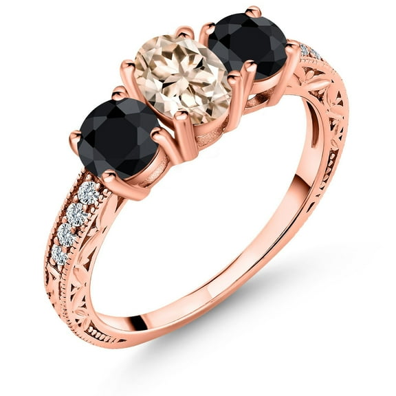 Gem Stone King 2.15 Ct Oval Peach Morganite Black Sapphire 18K Rose Gold Plated Silver Ring (Size 5)