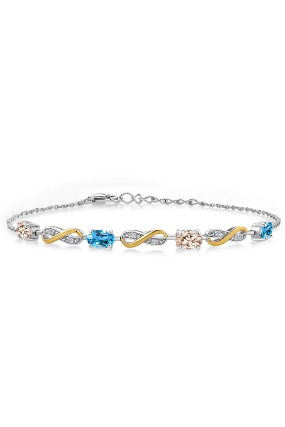 2.15 Ct Peach Morganite Swiss Blue Topaz 925 Silver and 10K Yellow Gold Lab Grown Diamond Infinity Bracelet for Women Mother's Mom Wife Her, Fully Adjustable up to 7.5 inch)