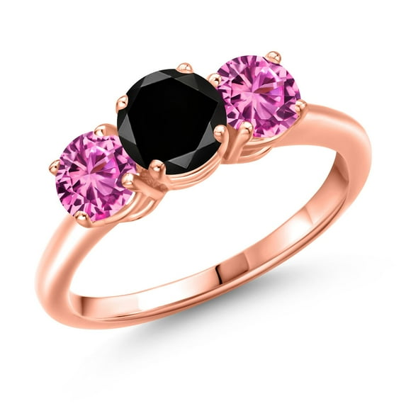 Gem Stone King 18K Rose Gold Plated Silver Black Diamond and Pink Created Sapphire Engagement Ring for Women | 2.15 Cttw | Round 6MM | Gemstone April Birthstone | Size 9