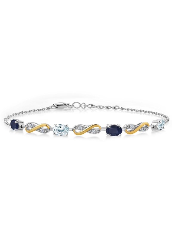 2.16 Ct Blue Sapphire Sky Blue Aquamarine 925 Silver and 10K Yellow Gold Lab Grown Diamond Infinity Bracelet for Women Mother's Mom Wife Her, Fully Adjustable up to 7.5 inch)