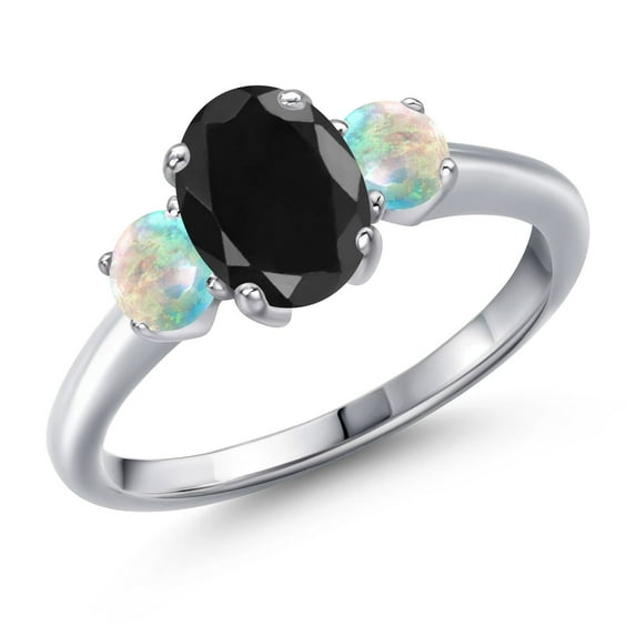 Gem Stone King 2.16 Ct Oval Black Sapphire White Simulated Opal 925 Sterling Silver Ring (Size 7)