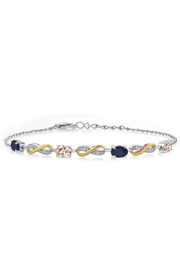 2.16 Ct Oval Blue Sapphire Peach Morganite 925 Silver and 10K Yellow Gold Lab Grown Diamond Infinity Bracelet for Women Mother's Mom Wife Her, Fully Adjustable up to 7.5 inch)