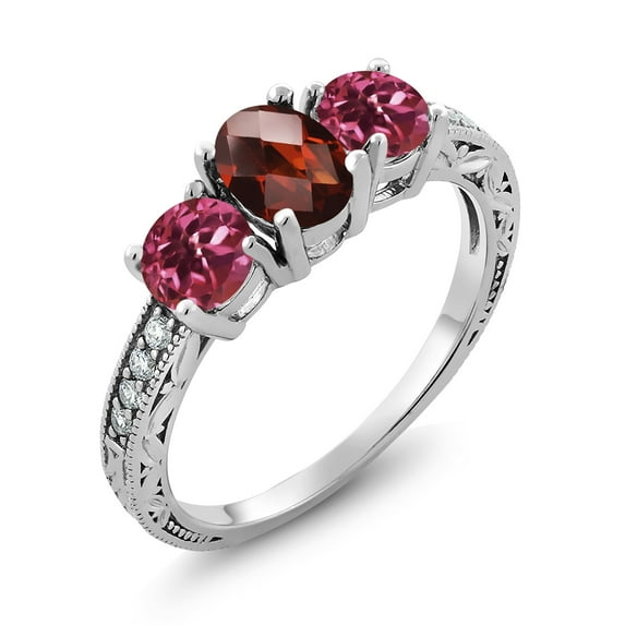 Gem Stone King 2.16 Ct Oval Checkerboard Red Garnet Pink Tourmaline 925 Sterling Silver Moissanite Ring (Size 6)