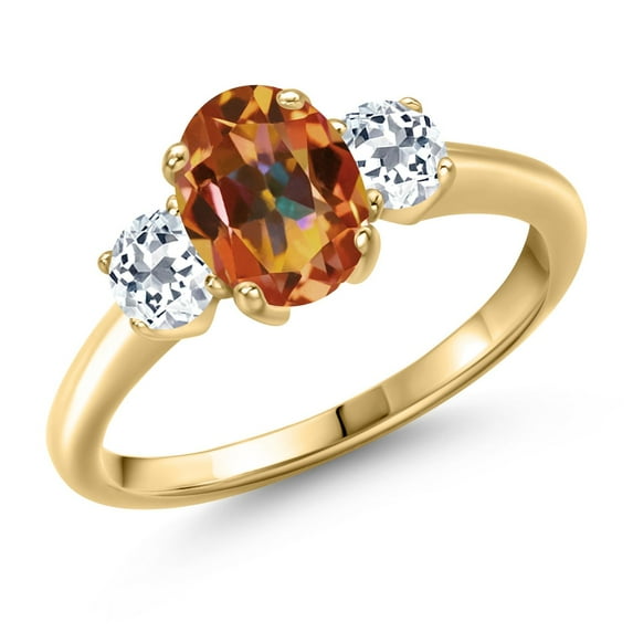 Gem Stone King 2.16 Ct Oval Ecstasy Mystic Topaz White Topaz 18K Yellow Gold Plated Silver Ring