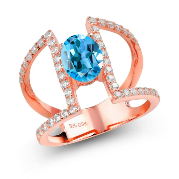 Gem Stone King 2.16 Ct Oval Swiss Blue Topaz 18K Rose Gold Plated Silver Ring (Size 6)