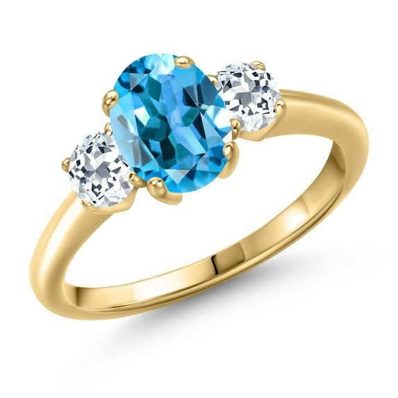 Gem Stone King 2.16 Ct Oval Swiss Blue Topaz White Topaz 18K Yellow Gold Plated Silver Ring
