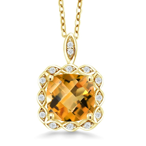 Gem Stone King 2.17 Ct Cushion Checkerboard Yellow Citrine 18K Yellow Gold Plated Silver Pendant