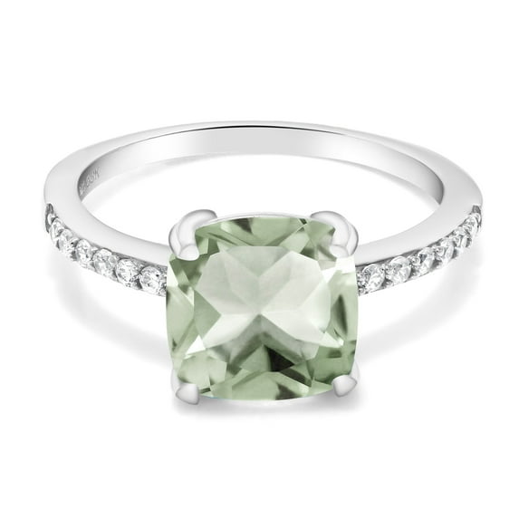 Gem Stone King 2.17 Cttw Green Prasiolite Engagement Ring for Women in 925 Sterling Silver | Cushion Cut 8MM | Gemstone Birthstone | Available in Size 5, 6, 7, 8, 9