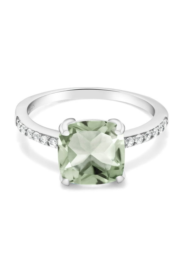 2.17 Cttw Green Prasiolite Engagement Ring for Women in 925 Sterling Silver | Cushion Cut 8MM | Gemstone Birthstone | Available in Size 5, 6, 7, 8, 9