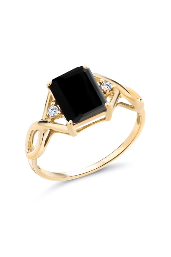3-Stone Ring for Women | 18K Yellow Gold Plated Silver | 9X7MM Emerald Cut Gemstone Birthstone & Lab Grown Diamond | Wedding Anniversary Engagement Ring | Size 5-9 | Onyx, December | 7