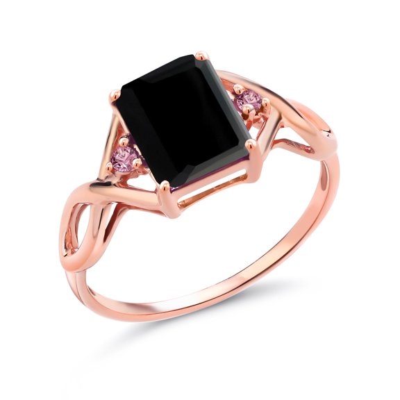 Gem Stone King 2.18 Ct Octagon Black Onyx Pink Lab Grown Diamond 18K Rose Gold Plated Silver Ring (Size 5)