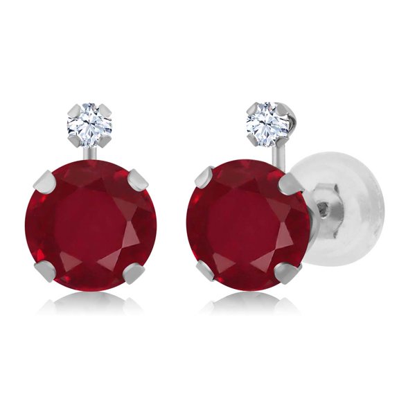 Gem Stone King 2.18 Ct Round Red Ruby White Created Sapphire 14K White Gold Earrings