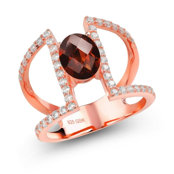 Gem Stone King 2.19 Ct Oval Checkerboard Red Garnet 18K Rose Gold Plated Silver Ring (Size 8)