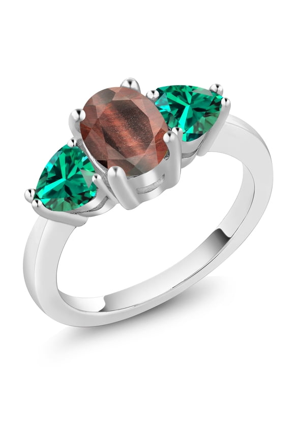 2.19 Ct Oval Red Tiger Eye Green Nano Emerald 925 Sterling Silver Ring (Size 5)