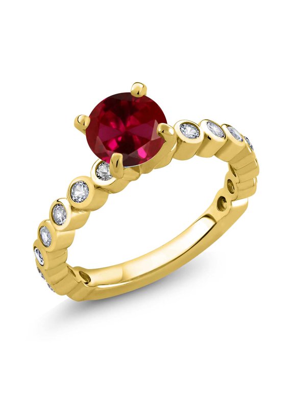 2.19 Ct Red Created Ruby White Created Sapphire 18K Yellow Gold Plated Silver Ring (Size 5)