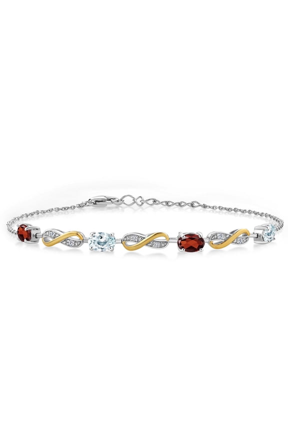 2.19 Ct Red Garnet Sky Blue Aquamarine 925 Silver and 10K Yellow Gold Lab Grown Diamond Infinity Bracelet for Women Mother's Mom Wife Her, Fully Adjustable up to 7.5 inch)
