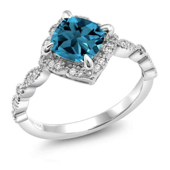 Gem Stone King 2.19 Cttw London Blue Topaz and Moissanite Solitaire Engagement Ring for Women | 925 Sterling Silver | Cushion Cut 7MM | Gemstone Birthstone | Available in Size 5, 6, 7, 8, 9
