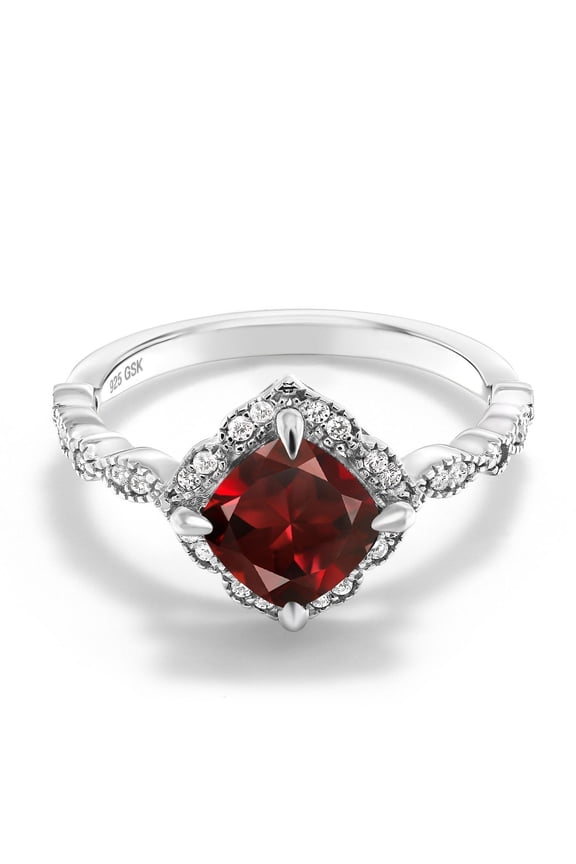 2.19 Cttw Red Garnet and White Moissanite Solitaire Engagement Ring for Women | 925 Sterling Silver | Cushion Cut 7MM | Gemstone Birthstone | Available in Size 5, 6, 7, 8, 9