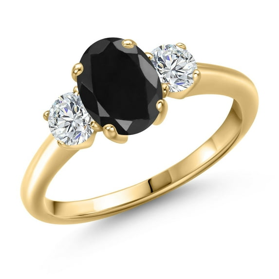 Gem Stone King 2.20 Ct Black Sapphire G/H Lab Grown Diamond 18K Yellow Gold Plated Silver Ring