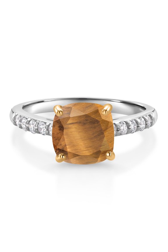 2.20 Ct Brown Tiger Eye G/H Lab Grown Diamond 10K White Gold Engagement Ring with Yellow Gold Prongs (Size 6)