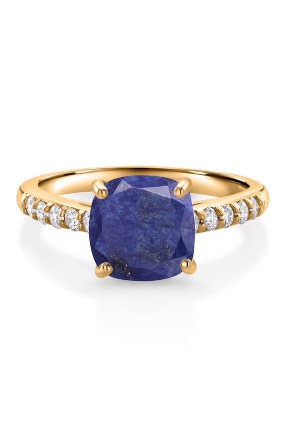 2.20 Ct Cushion Blue Lapis G/H Lab Grown Diamond 10K Yellow Gold Engagement Ring (Size 6)