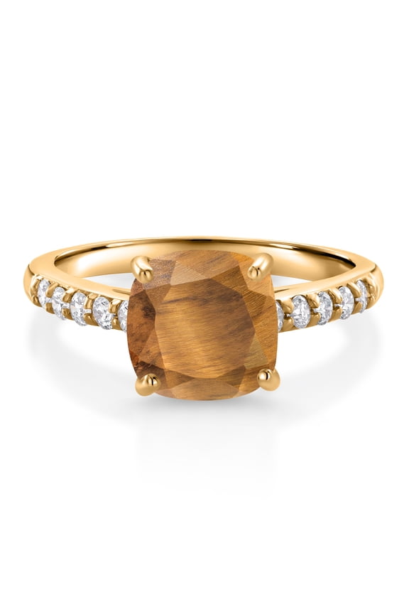 2.20 Ct Cushion Brown Tiger Eye G/H Lab Grown Diamond 10K Yellow Gold Engagement Ring (Size 7)