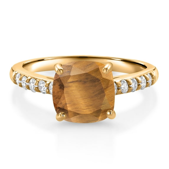 Gem Stone King 2.20 Ct Cushion Brown Tiger Eye G/H Lab Grown Diamond 10K Yellow Gold Engagement Ring (Size 9)