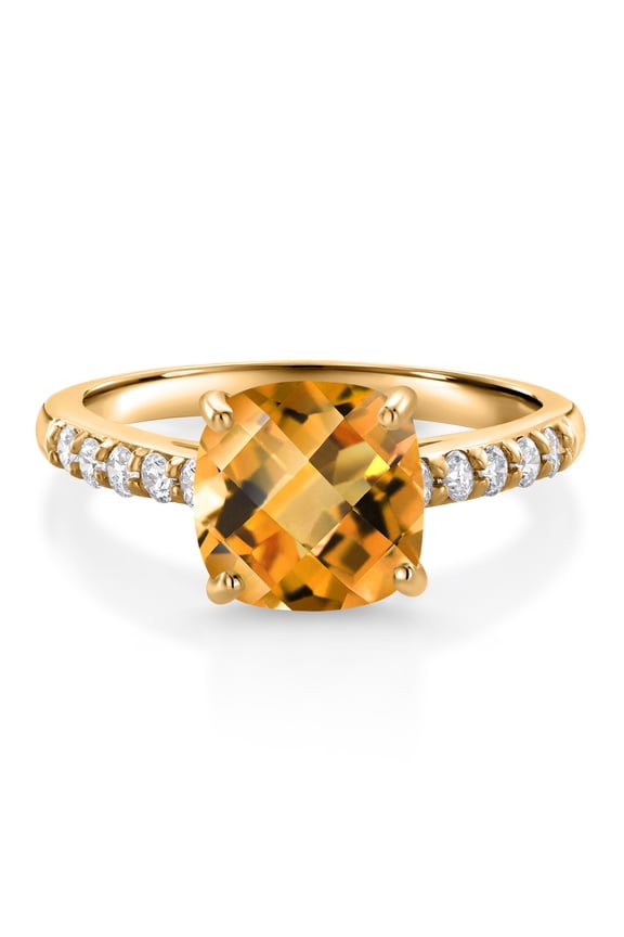2.20 Ct Cushion Checkerboard Yellow Citrine G/H Lab Grown Diamond 10K Yellow Gold Engagement Ring (Size 5)