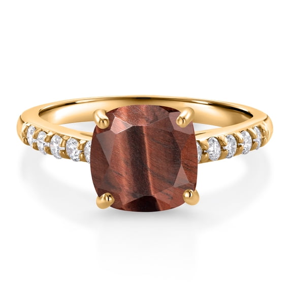 Gem Stone King 2.20 Ct Cushion Red Tiger Eye G/H Lab Grown Diamond 10K Yellow Gold Engagement Ring (Size 7)