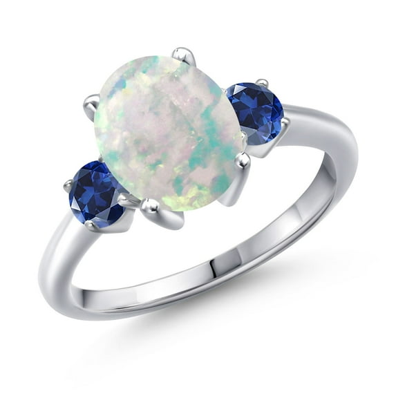 Gem Stone King 2.20 Ct Oval Cabochon White Simulated Opal Blue Created Sapphire 925 Sterling Silver Ring