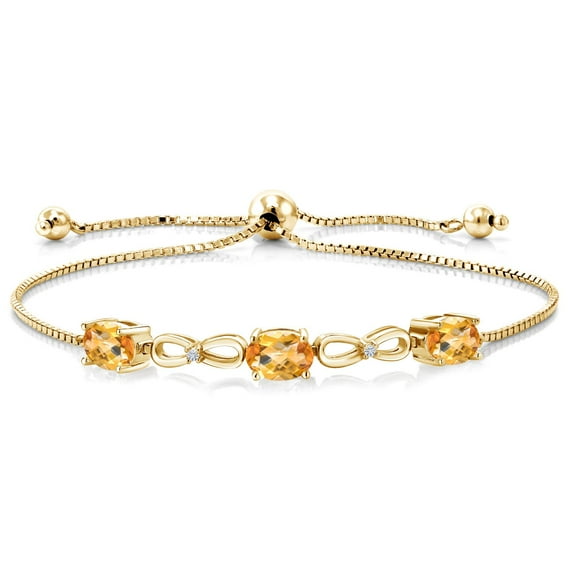 Gem Stone King 2.20 Ct Oval Checkerboard Yellow Citrine E-F Lab Grown Diamond 18K Yellow Gold Plated Silver Bracelet for Women