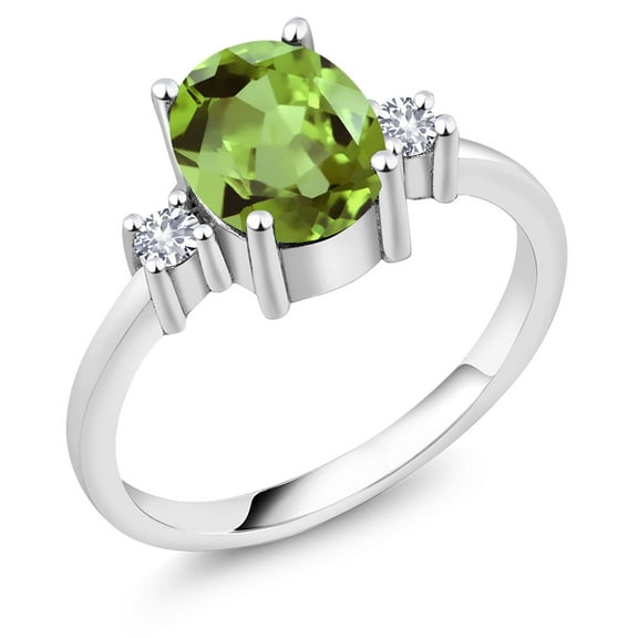 Gem Stone King 2.20 Ct Oval Green Peridot White Created Sapphire 925 Sterling Silver Ring (Size 9)